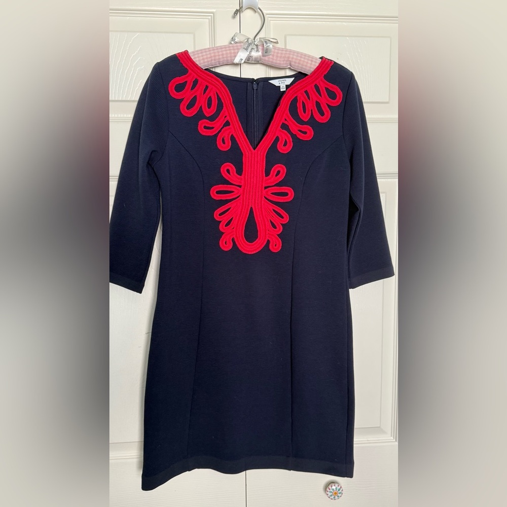 Crown & Ivy Navy Shift Dress with Coral Soutache Trim-Size XS